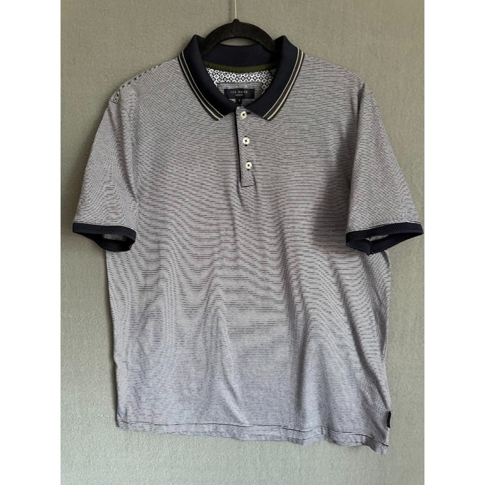 Ted Baker London Polo Shirt Men Size 4 Blue‎ Striped 100% Cotton Short Sleeve